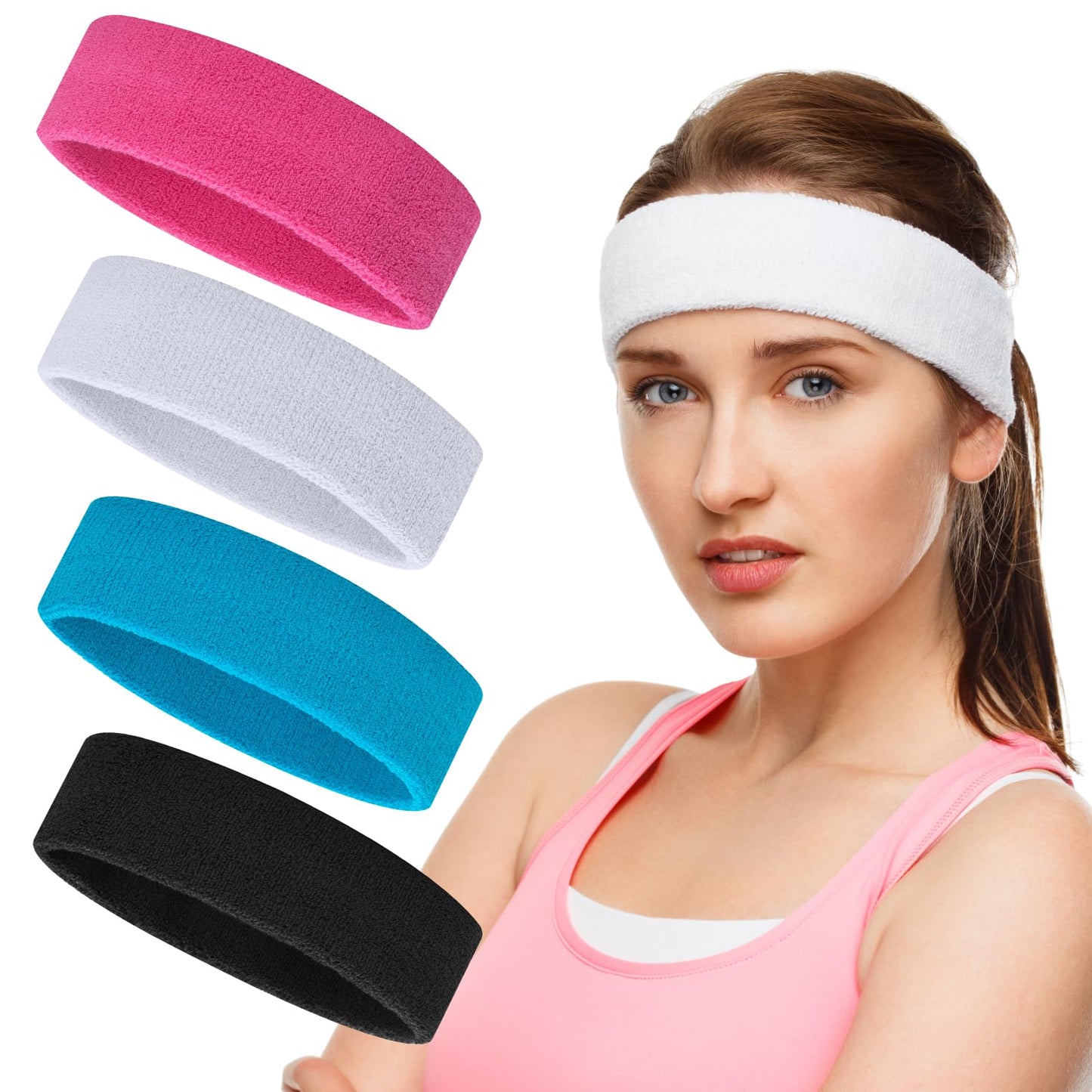 ONUPGO 4 Pack Sweatbands Sports Headbands for Men & Women, Cotton Headband Terry Cloth Sweatband for Tennis,Basketball,Football,Gym,Working Out - Moisture Wicking Elasticity