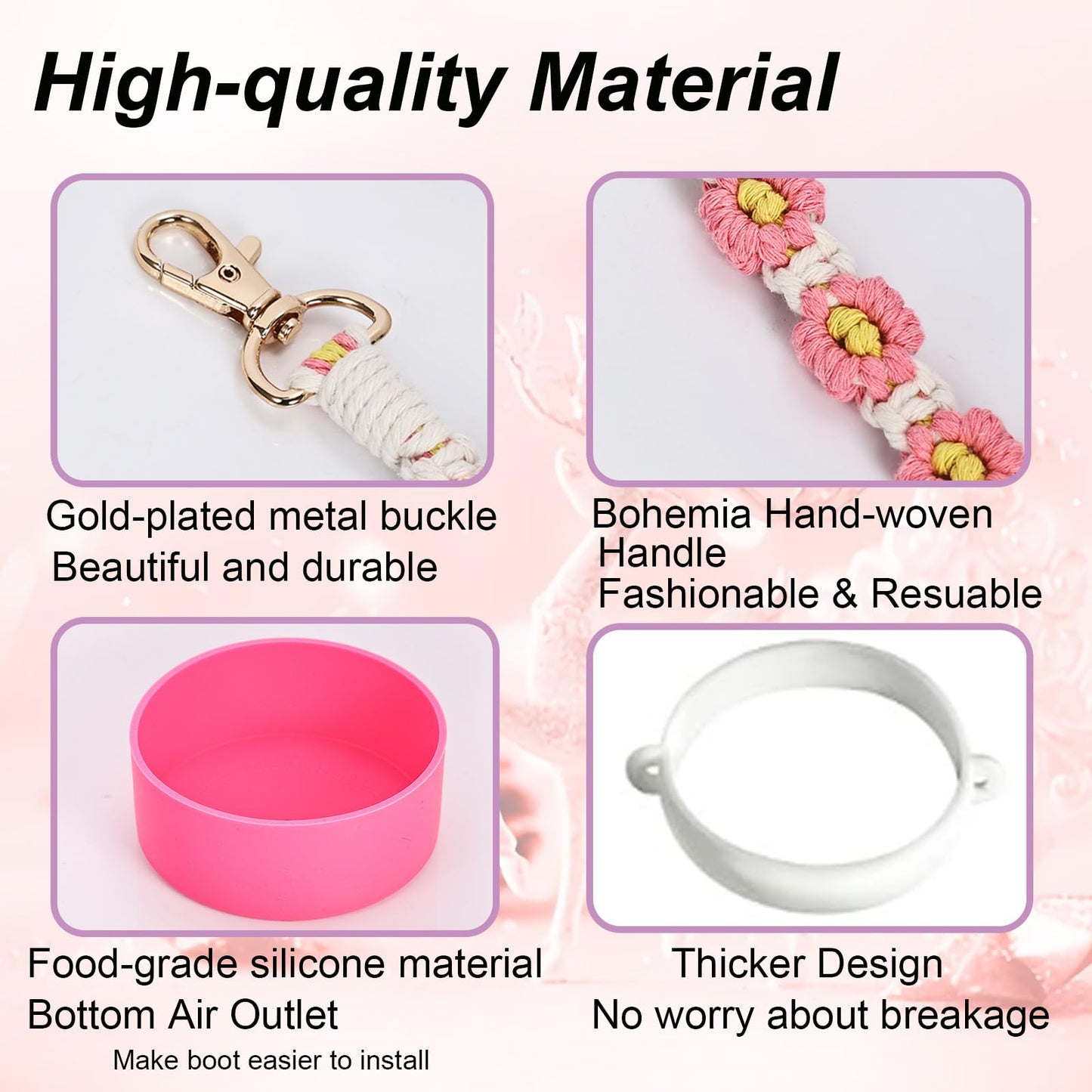 Accessories Set for Owala Water Bottle 24 oz 32 oz 40 oz, Anti-slip Silione Boot, Hand-woven Water Bottle Handle Strap and Keychain Charm included, Compatible with Owala freesip