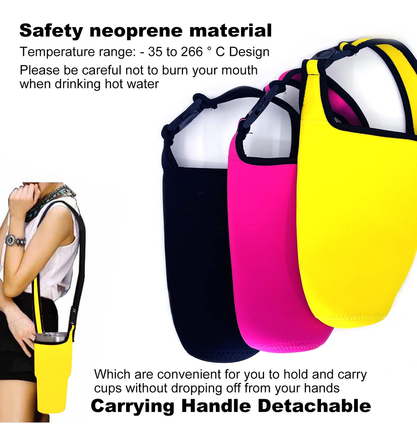 AICMEI 3 Pack 30oz Tumbler Carrier Holder with Shoulder Strap, Neoprene Insulator Cup Sleeve, Reusable, Adjustable, Interchangeable Straps - Pink, Black, Yellow