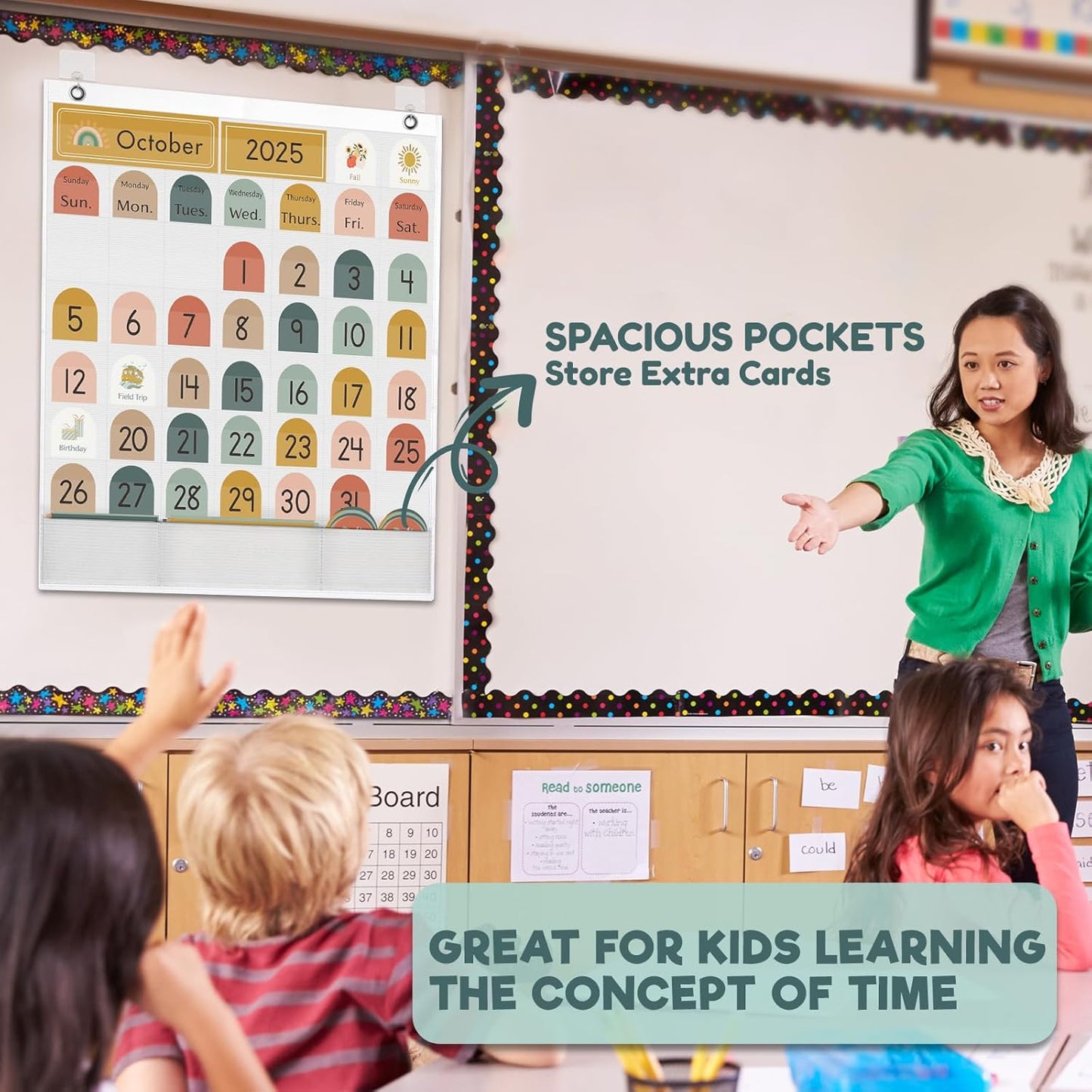 Classroom Monthly Calendar Pocket Chart for Kids Learning, 105 Cards Wall Boho Calendar and Weather, Teacher Supplies for Kindergarten Preschool Elementary Homeschool
