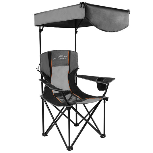 FAIR WIND Oversized Camping Lounge Chair with Adjustable Shade Canopy for Outdoor Sports Heavy Duty Quad Fold Chair Arm Chair - Obsidian