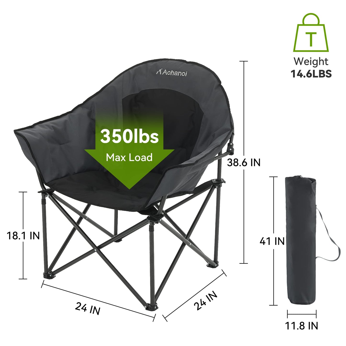 Aohanoi Oversized XL Camping Chairs for Adults, Padded Folding Camp Chair with Extra Wide Seats, Cup Holder & Side Pocket for Outdoor, Lawn, Picnic, Fishing, Sports, Lounge Moon Chairs, Black
