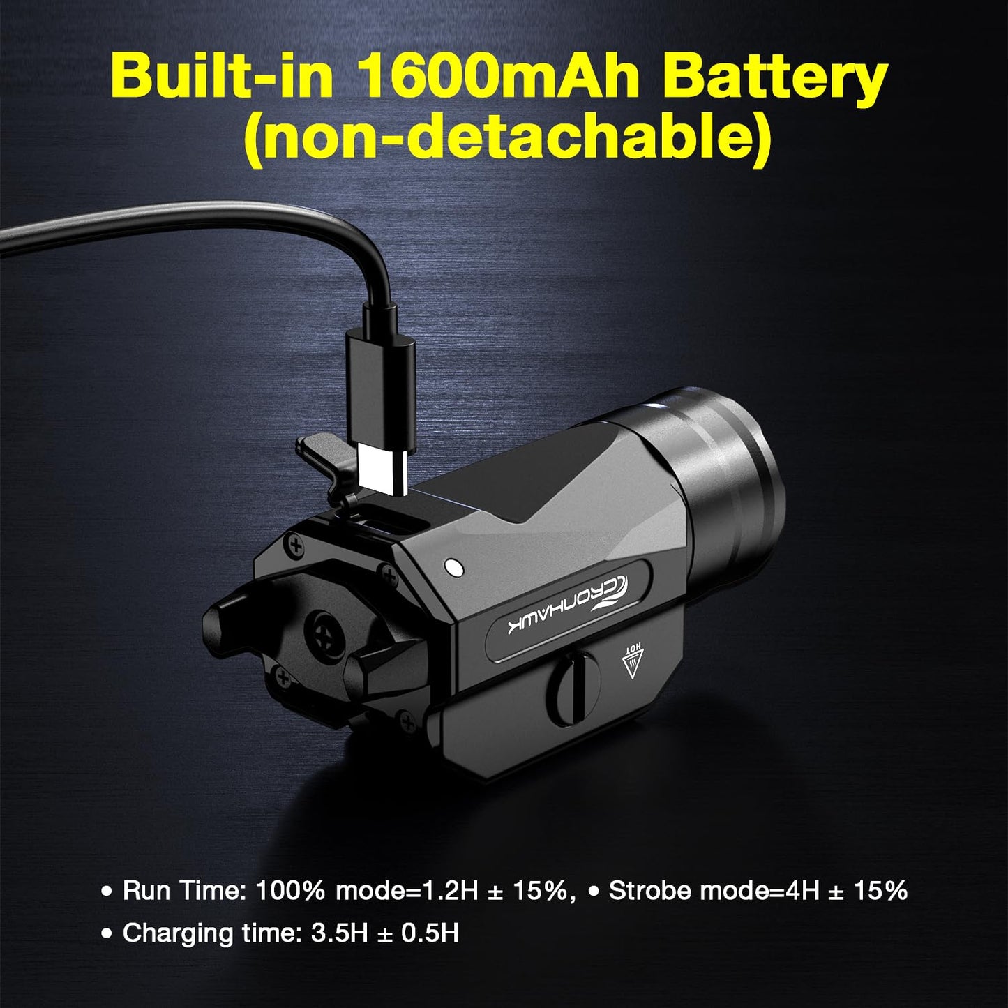 CRONHAWK Rechargeable Pistol Light, 1350 Lumen Rail Mounted Tactical Gun Flashlight with Strobe Function and Adjustable Rail Locating Key Fit 1913 Picatinny, Black