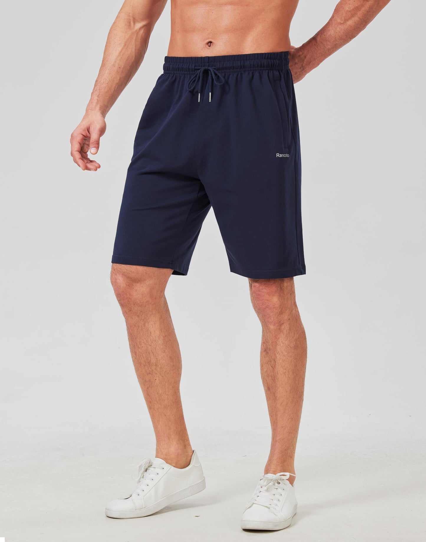 Rancoto Mens Cotton Shorts Sweat Athletic Shorts for Men, Lounge, Gym, Yoga, Workout with Zipper Pockets Navy L