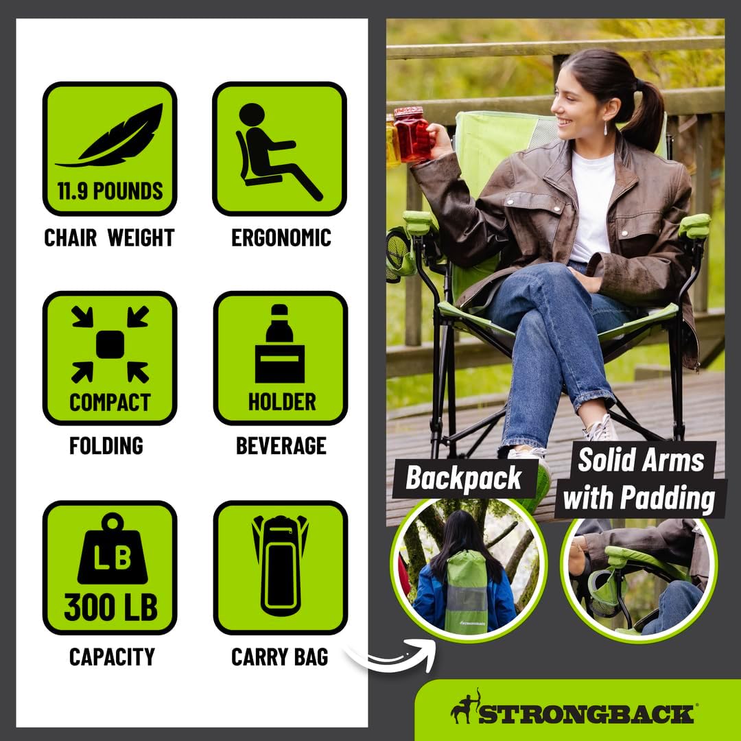 STRONGBACK Elite Folding Camping Lawn Lounge Chair Heavy Duty Camp Outdoor Seat with Lumbar Support and Portable Carry Bag - Navy/Grey