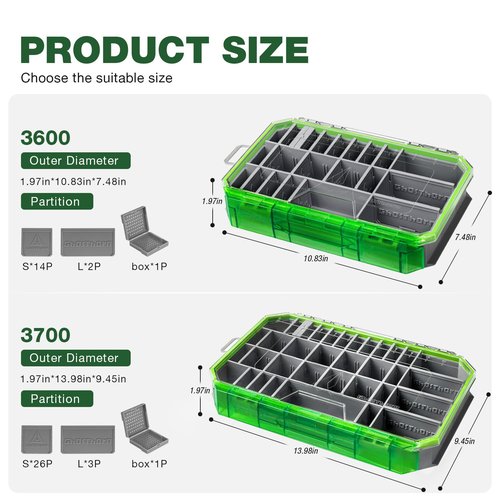 Ghosthor Fishing Tackle Box, Waterproof 3600 and 3700 Tackle Trays, Plastic Tackle Box Organizer with Removable Dividers, Storage Lure Box and Terminal Tackle Storage