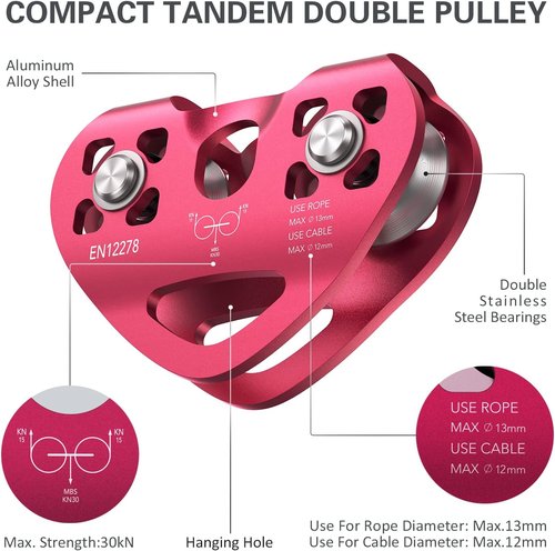 Lixada Zip Line Pulley 30KN Tandem Speed Double Pulley for 1/4 5/16 3/8 1/2 Cable Backyard Zipline, Hauling, Rigging and Commercial Purposes,Holds Upto 6700lbs