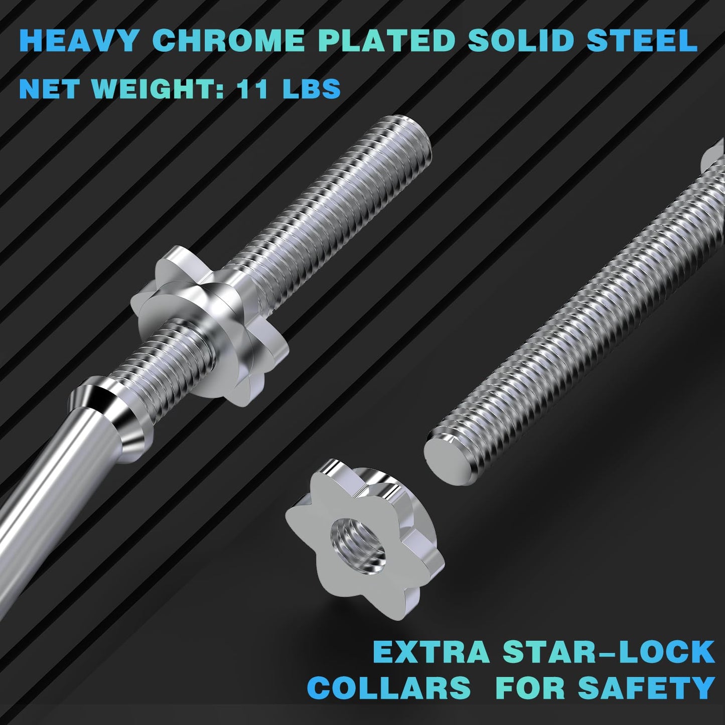 47" EZ Curl Bar Weight Lifting Bar, Standard Barbell Bar for Hip Thrusts/Squats/Lunges for Gym and Home, 1-inch Curling Bars for Weightlifting with 2 Star Collars (300lb Weight Capacity)