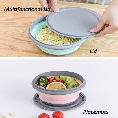 MIATTCLD Collapsible Camping Bowls with Lid, 3 Pcs Foldable Bowl Portable Travel Bowl with Folding Tableware & Storage Bag, Plastic Expandable Food Storage Containers Set for To-Go Lunch, Hiking