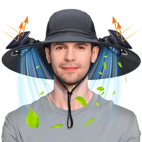 Berlune Men Sun Hat with 2 Solar Fan Fishing Wide Brim Sun Hat for Beach Outdoor Summer Camping, USB & Solar Powered(Dark Gray,Simple)