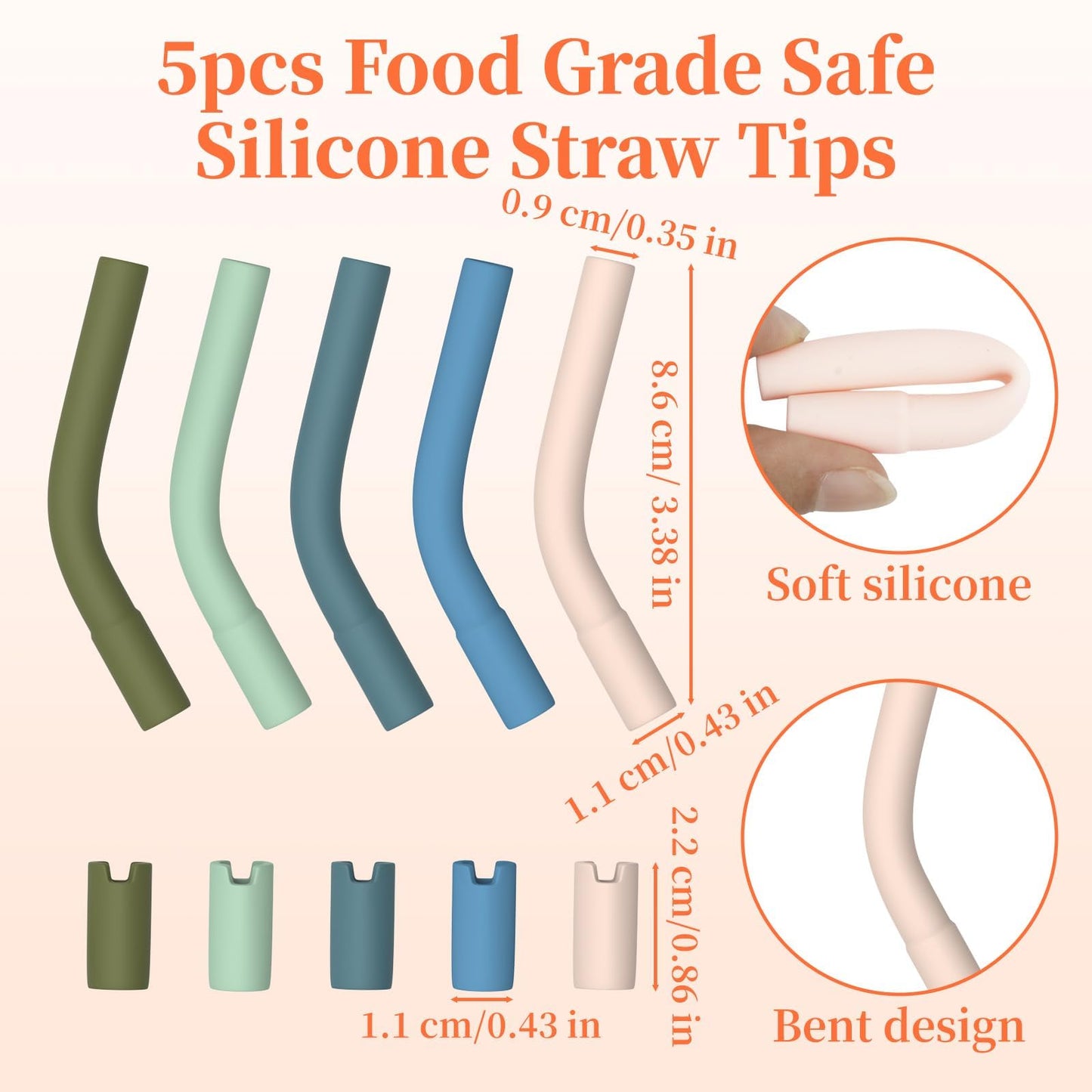 5PCS Bright Color Silicone Metal Strawing Tips, Rubber Straw Tips/Reusable Rubber Straw Sleeve for 8-10mm Diameter Straws, Siliconeing Straws Extenders for Metal Strawings, Silicone Extender Tipings
