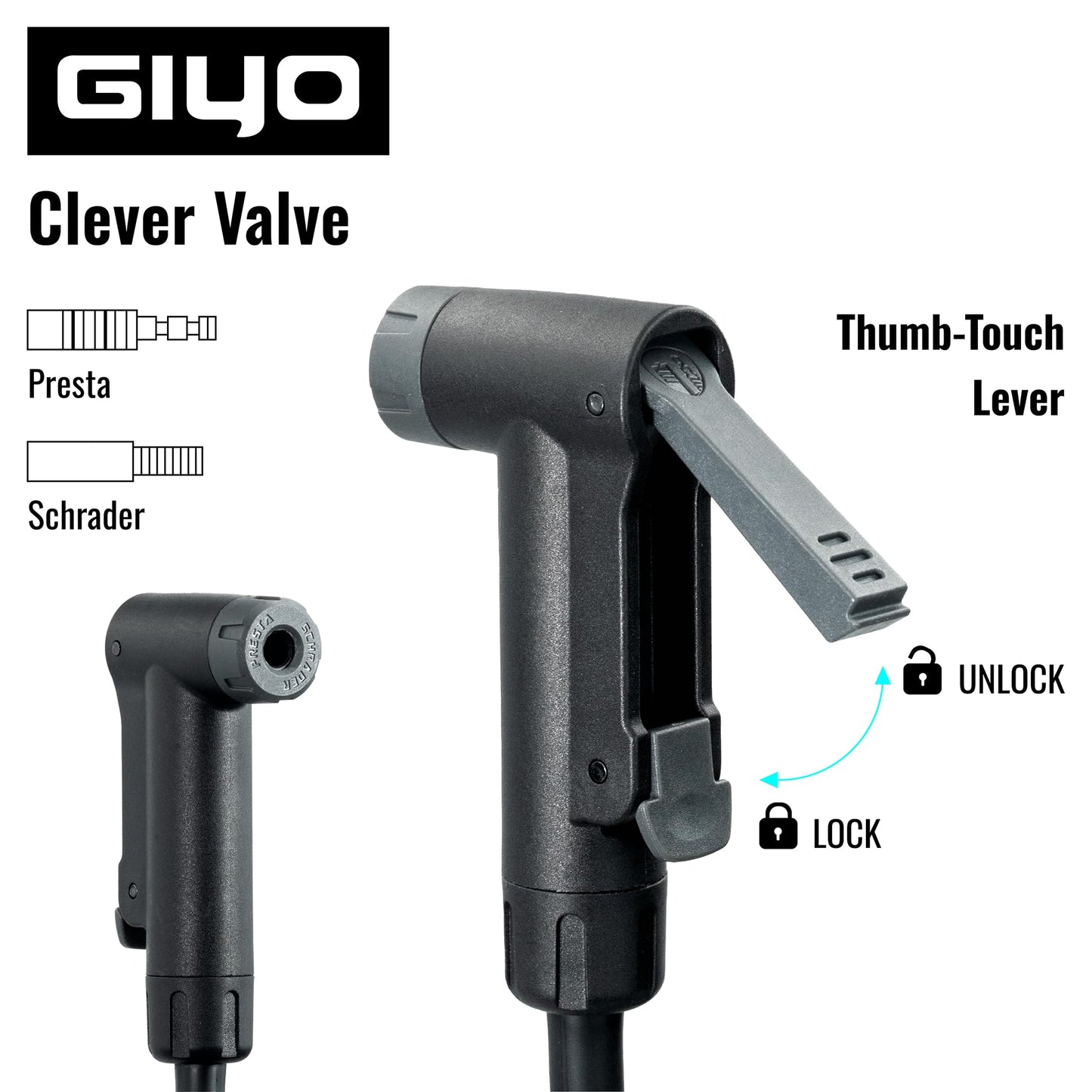 GIYO Bike Floor Pump - 3" Dual Scale Gauge - Road & MTB | One Handed Operation -Clever Valve for Presta & Schrader | Max 160PSI Steel Barrel (GF27)