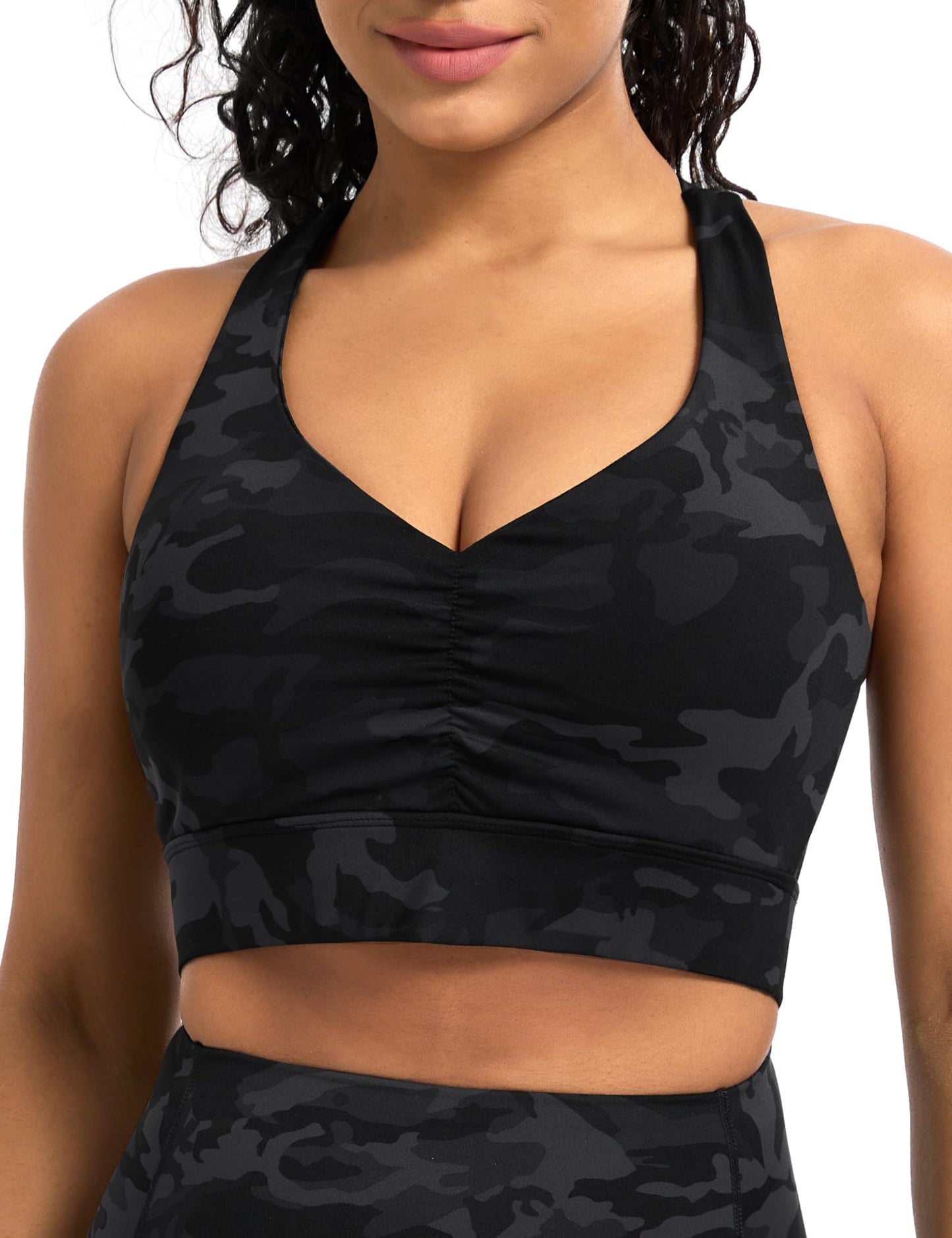 THE GYM PEOPLE Women's Cross Back Ruched Sports Bra V Neck Wide Straps Removable Pads Workout Yoga Crop Top