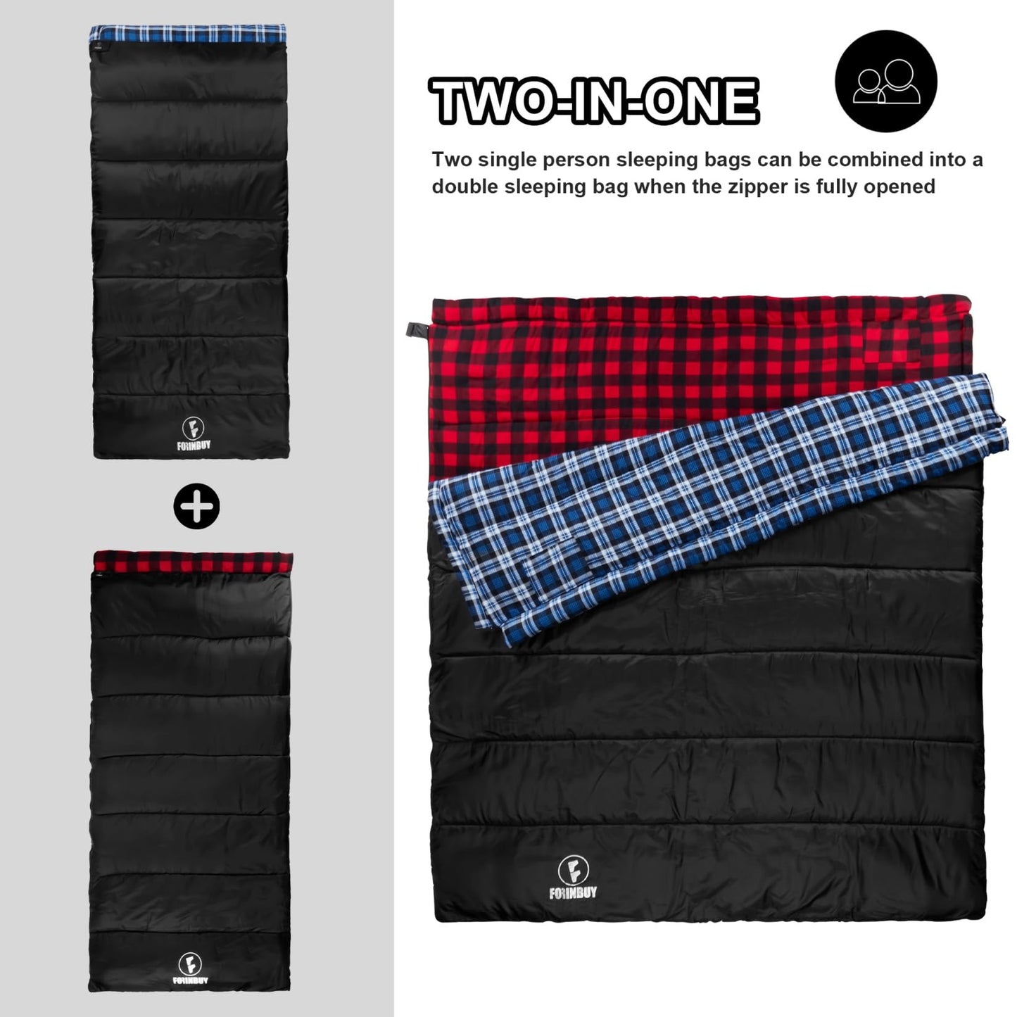 FORINBUY Flannel Sleeping Bag Cold Weather for Adults XL Camping Cotton Sleeping Bag 4 Season Big and Tall, Waterproof with Compression Sack