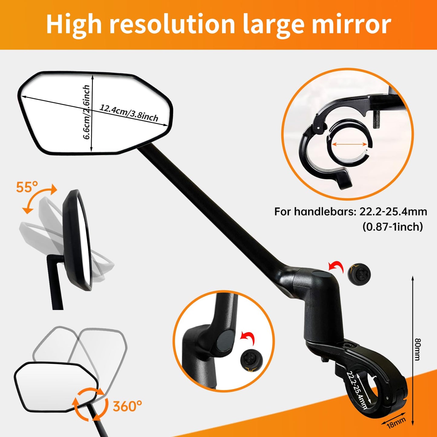 Homieway Bike Mirror, Aluminum Bicycle Mirror Handlebar Mount,Foldable & Adjustable HD Real Glass Cycle Mirror, Bike rear viewmirror for Ebike Scooter MTB (Left Handlebar 0.87-1 inch)