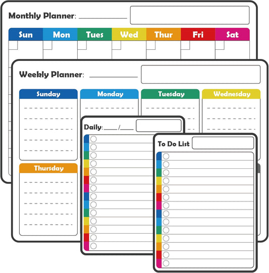 4 Pack Non-Magnetic Dry Erase Calendar Board Set, Anglecai Monthly, Weekly, Daily, List Calendar Sticks for Fridge, Wall, Door