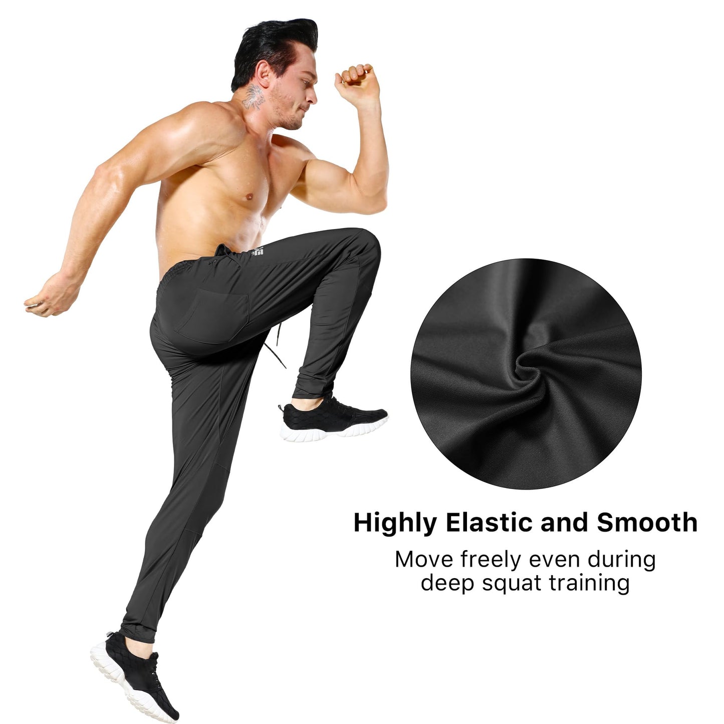 BROKIG Mens Lightweight Gym Jogger Pants,Men's Workout Sweatpants with Zip Pocket(Black,Large)