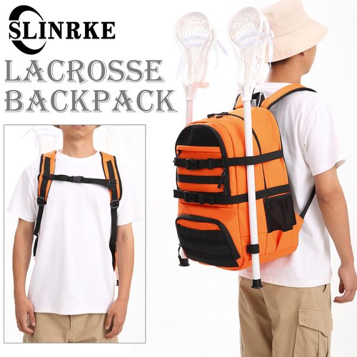 SLINRKE Lacrosse Bag with 2 Stick Holders Tactical Style Lacrosse Equipment Backpack with Separate Shoe Compartment for All Field Hockey Gear (Orange)