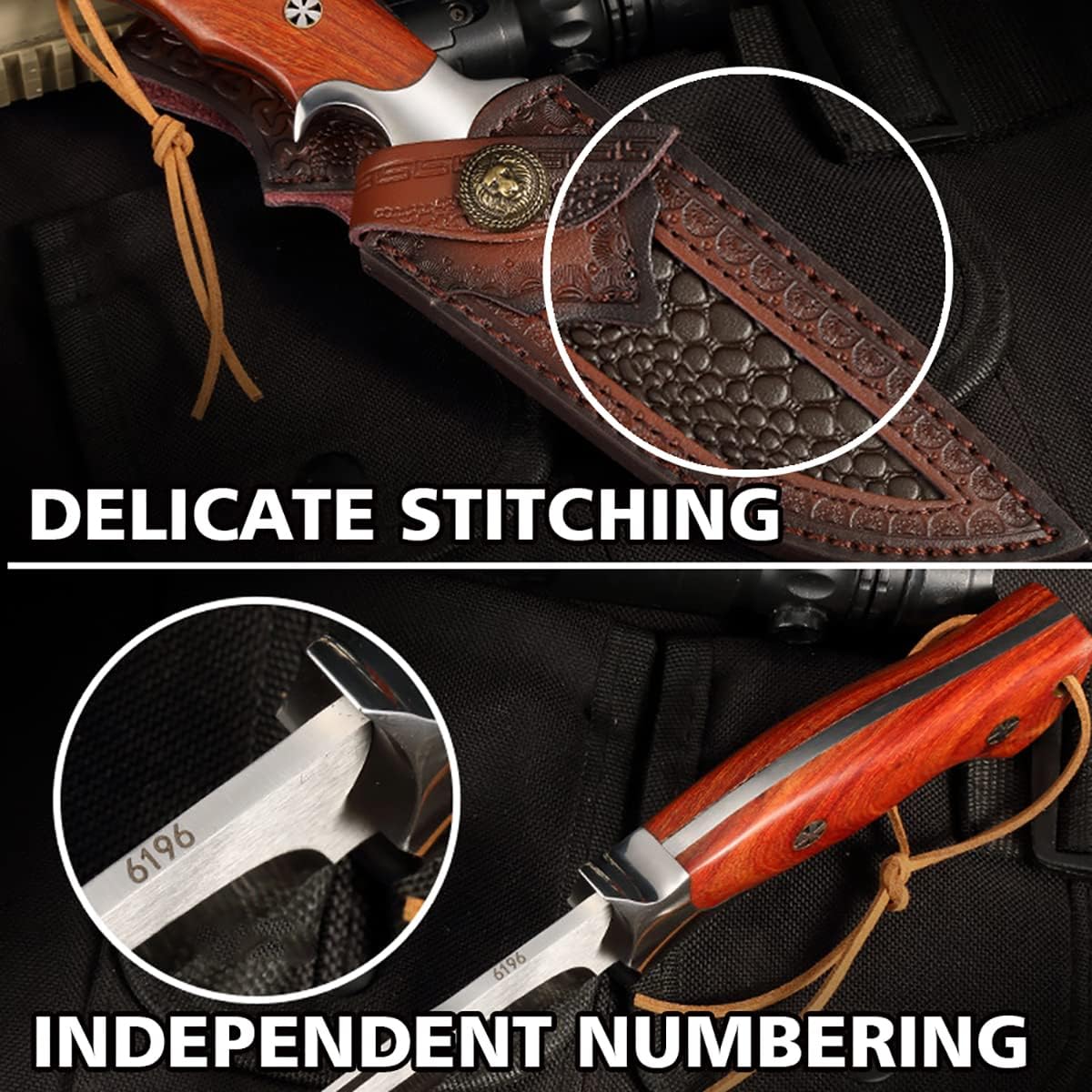 QIXENIO M390 Steel Handmade Hunting Knife, Fixed Blade Full-Tang with Leather Sheath, Red Wood Non-Slip Handle - Survival, Tactical, Camping knives