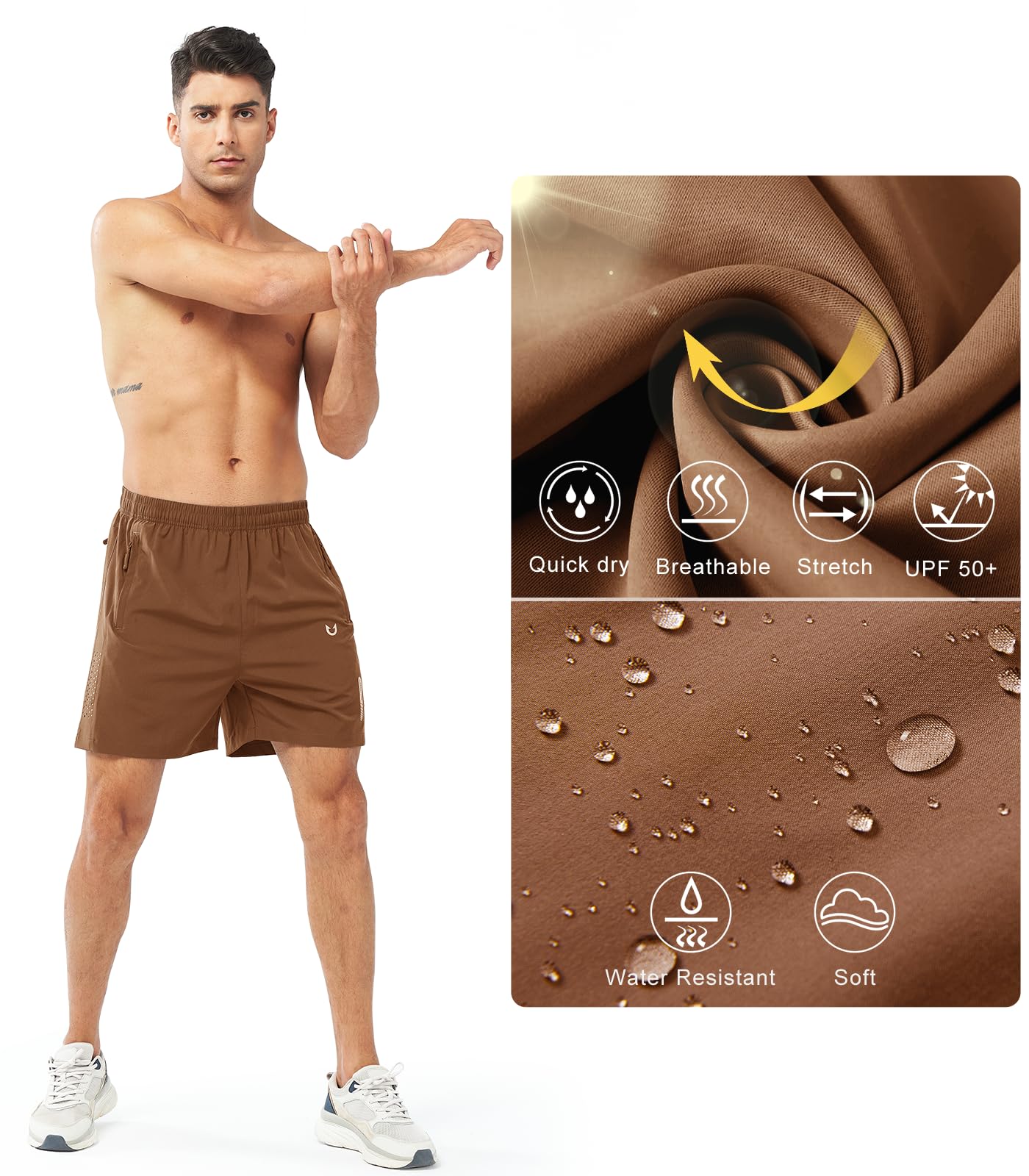 NORTHYARD Men's Athletic Running Shorts Gym Workout 7"/9"/5" Quick Dry Lightweight Sports Basketball Tennis 3 Zipper Pockets BROWN-5inch 3XL