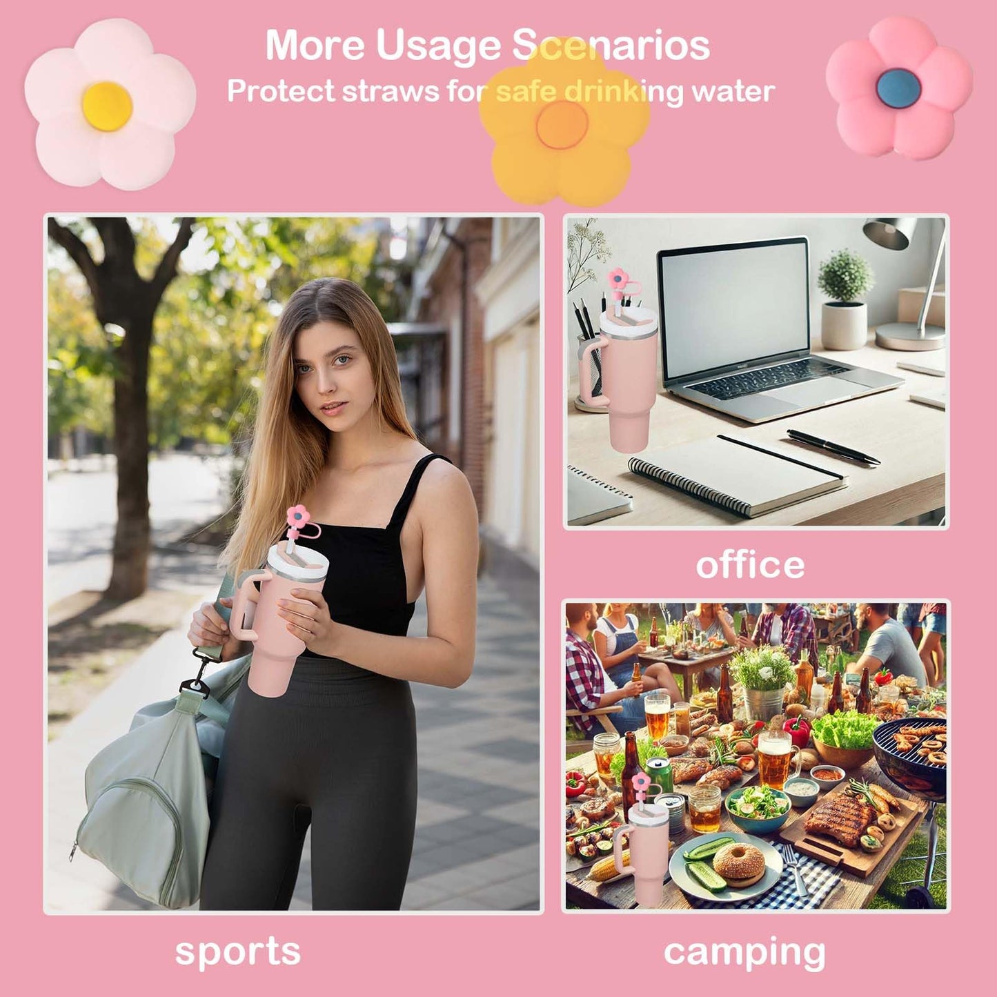 6pcs Flowers Straw Covers Toppers,for Stanley Water Bottles 30&40 Oz,0.4in/10mm Dust-Proof Straw Cap,Cute Silicone Suction Cup Accessories