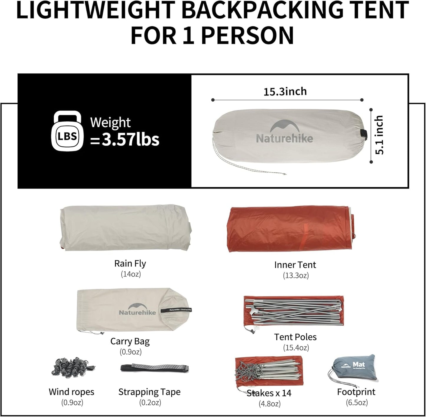 Naturehike Cloud-Up 1 Person Tent, Lightweight Backpacking Tents for One Man, Waterproof Ultralight One Person Tent for Camping Hiking Backpacking