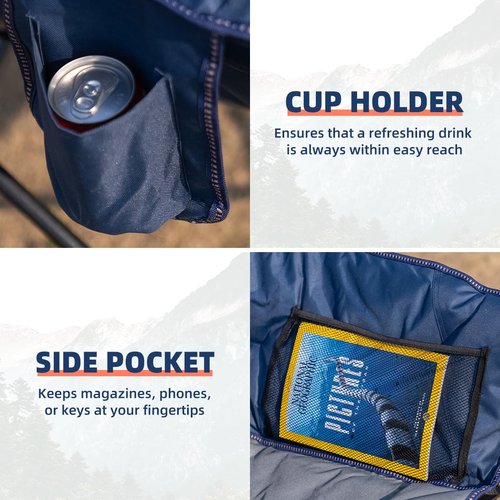 Tisetrail Oversized Camping Chair Padded Moon Round Saucer Chair with Cup Holder and Carry Bag Folding Comfy Sofa Chair for Lawn Patio Sports, Supports 500lbs, Blue & Gray