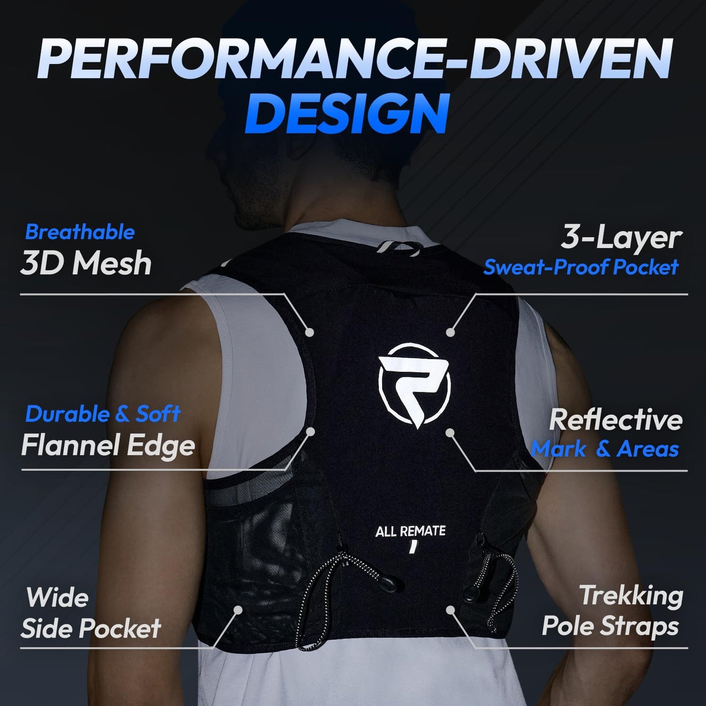 ALL REMATE All-in-One Multi Sport Running Vest including Water Bottle, Whistle, 11 Pockets & 6 Straps – Ergonomic Lightweight Reflective Gear