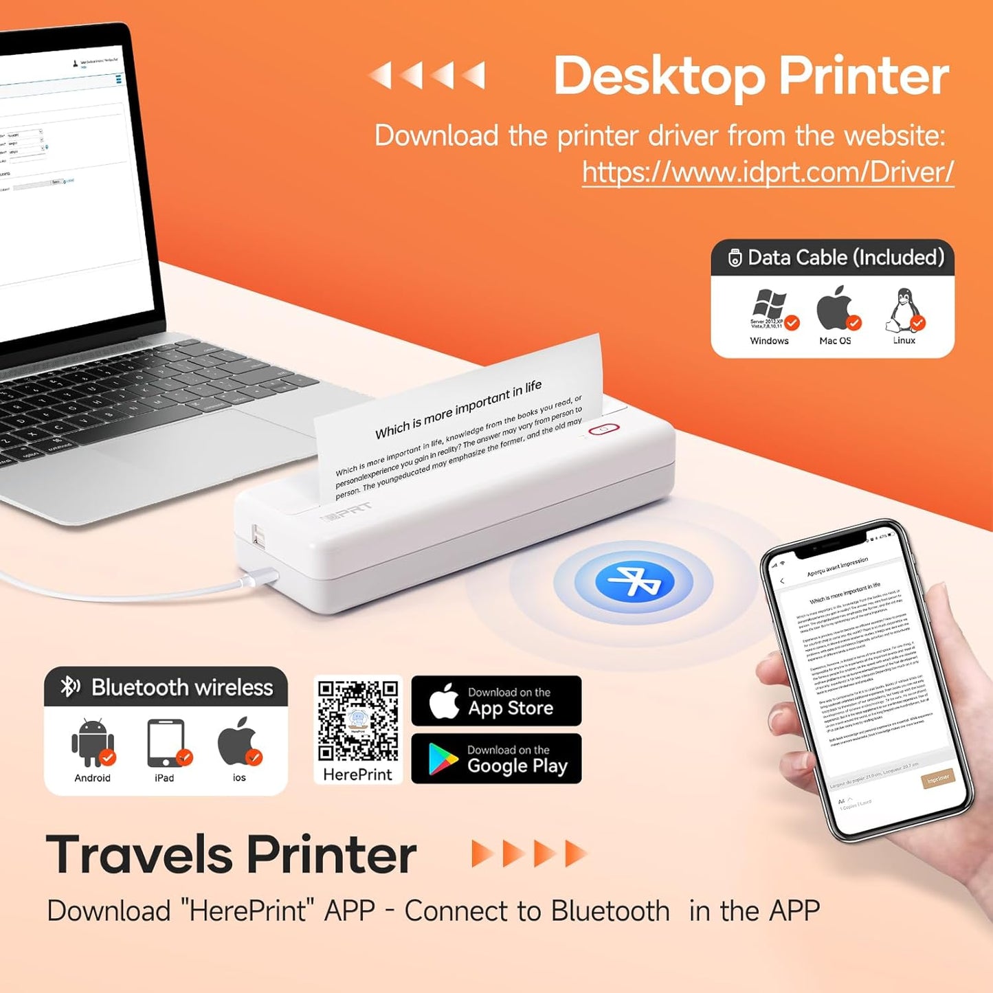 iDPRT MT890 Portable Wireless Printer - with Thermal A4 Paper, Bluetooth Inkless Printer for Travel/Home, Support US Letter&A4&A5 Size, Mobile Printers Compatible with iOS, Android & Laptop - Blue