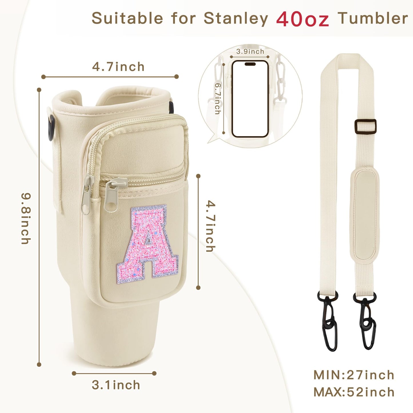 Aganmi Water Bottle Carrier Bag with Phone Pocket for Stanley 40oz Tumbler,Glitter Initial Sport Water Bottle Holder Sling Pouch with Adjustable Strap for Stanley Cup Accessories (Cream A)
