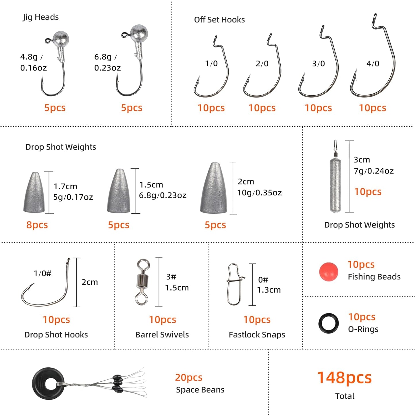 Fishing Accessories Kit, Fishing Set with Tackle Box, Fishing Hooks, Weights, Jig Heads, O-Rings, Barrel Swivels, Fastlock Snaps, Fishing Beads, Space Beans - Freshwater & Saltwater Fishing