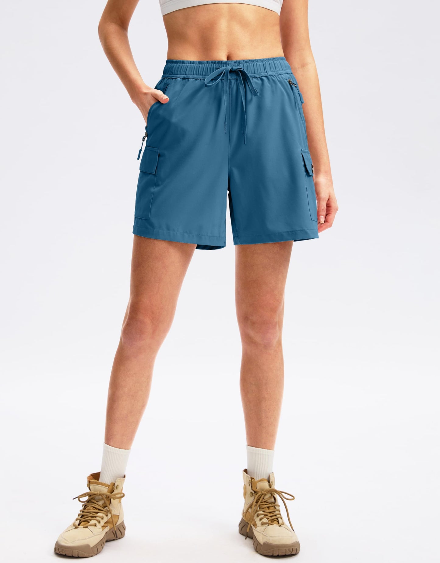 SANTINY Women's 5''/ 7''/9'' Hiking Cargo Shorts Quick Dry Lightweight Summer Shorts for Women Athletic Golf Zipper Pockets(Blue_L)