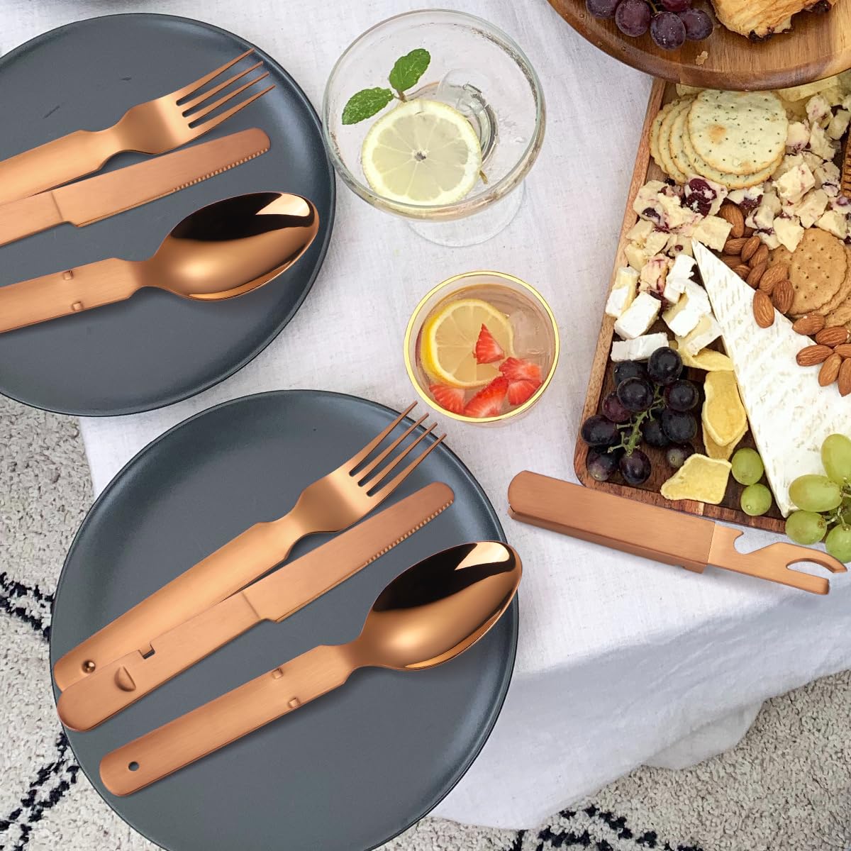 AARAINBOW Stainless Steel Portable Outdoor Flatware Set, 4 in 1 Camping Cutlery Set Travel Utensils Set with Spoon Fork Knife and Bottle Can Opener Detachable Reusable Picnic Silverware (Rose golden)
