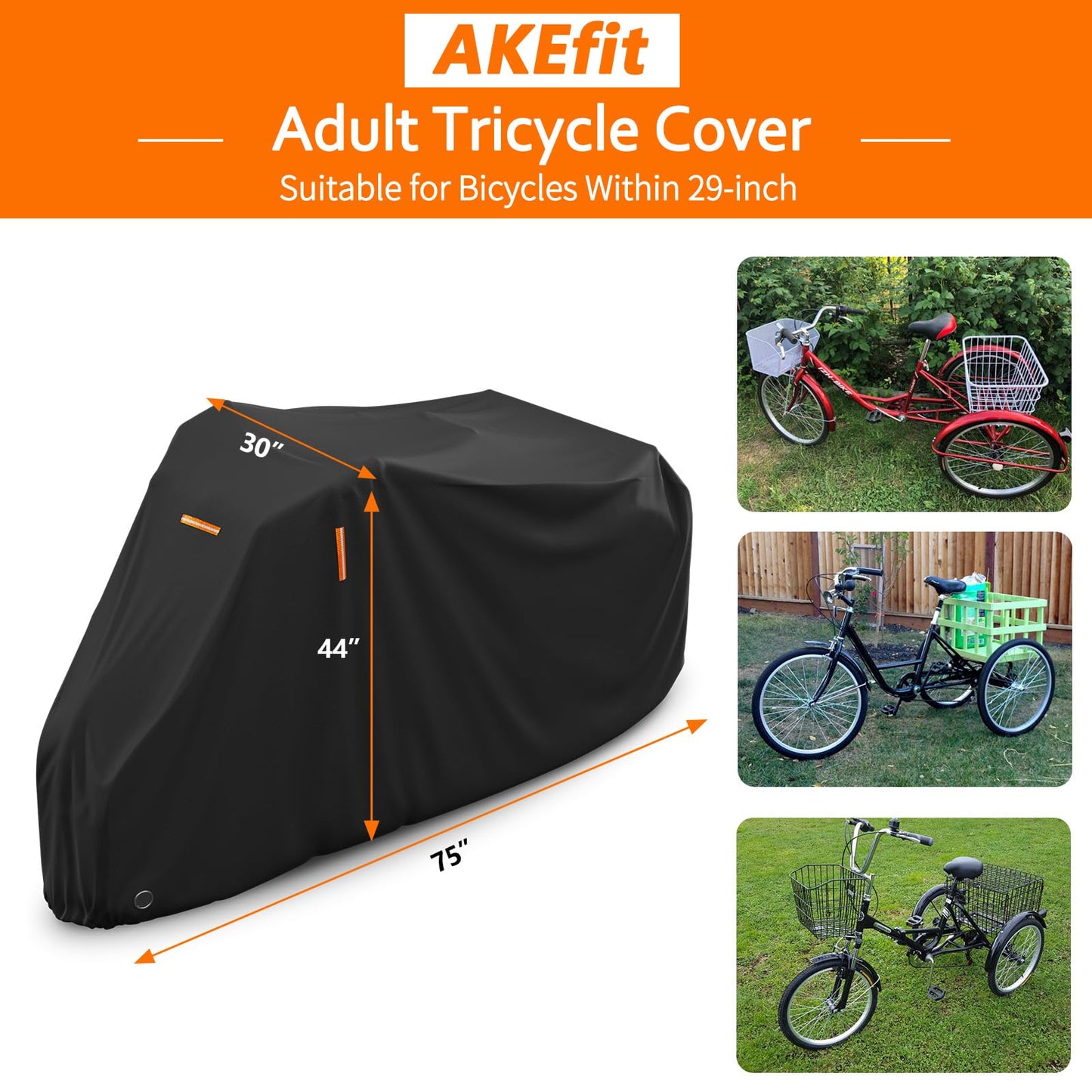 AKEfit Adult Tricycle Cover Electric Tricycle Covers, Bike Covers Outdoor Storage Waterproof, Dustproof Bicycle Cover, Windproof Recumbent Trike Cover Black
