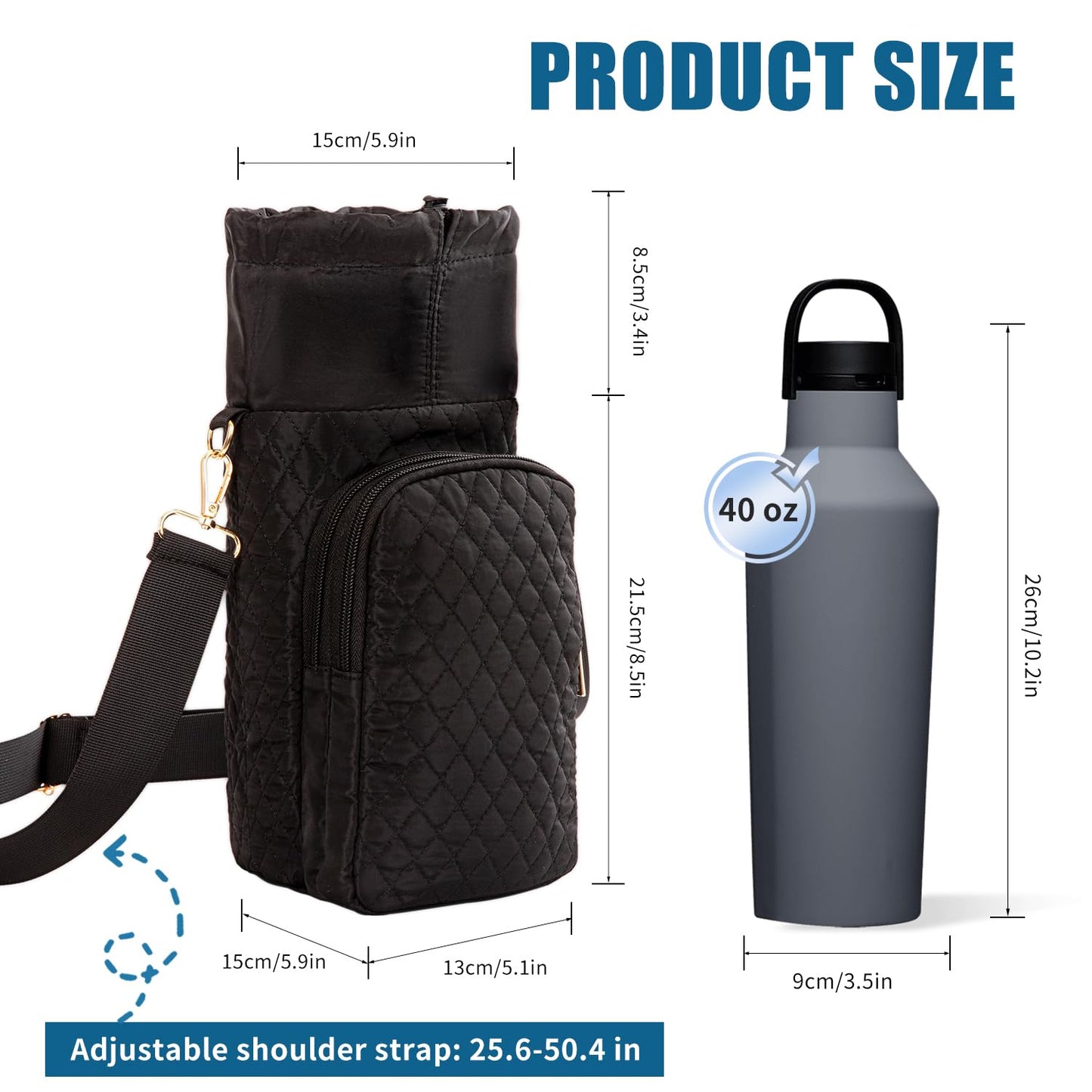 AGX Bravo Water Bottle Bag 32/40oz Sports Water Bottle Holder with Strip Water Bottle Sling Crossbody Carrier Bag with Adjustable Shoulder Strap Pockets for Men/Women Walking Hiking (Quilted Black)