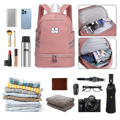 Perselief Gym Backpack for Women Foldable Sports Gym Bag with Shoe Compartment & Wet Pocket Travel Backpack Casual Daypack, Pink