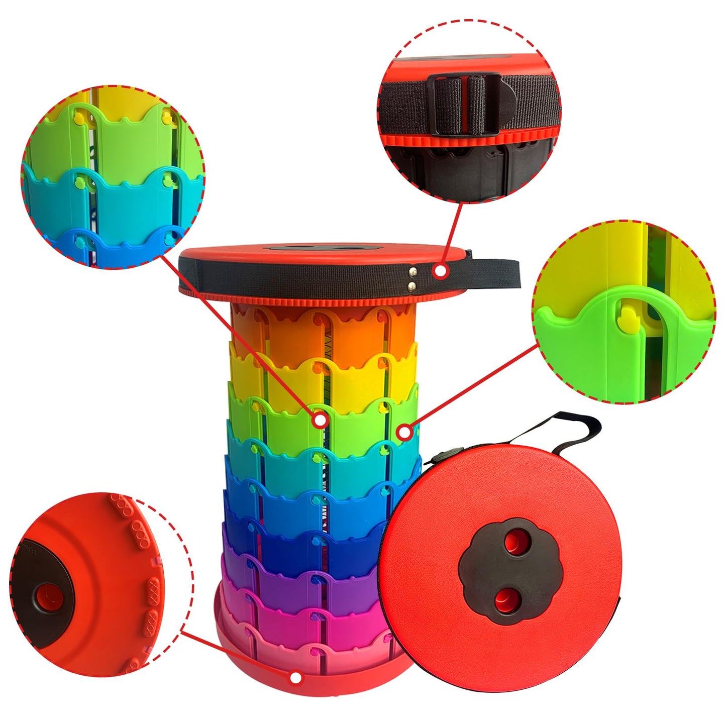 Jakuva Rainbow Travel Camping Stool, Retractable Portable Folding Stool,Collapsible Telescoping Stool with Max Load 360lbs for Adults for Indoor Outdoor Hiking Gardening