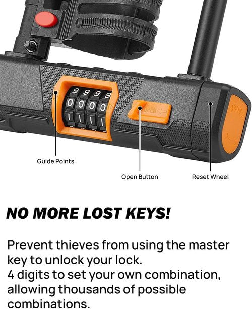 KEMIMOTO Bike U-Lock with Cable-2, Bicycle U Combination Lock Heavy Duty Anti-Theft Mounting Bracket 14.6-mm Shackle, 10mm x1.8m Cable & Padlock Holder for Bicycles E-Bikes Scooters