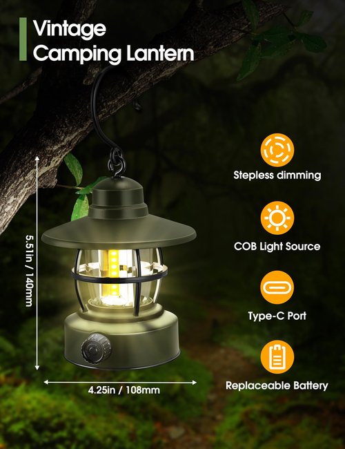 Camping Lantern Rechargeable Battery Powered 【2 Pack】, Camping Gear Must Haves, Camping Accessories, Retro Camping Light Waterproof Hanging LED Tent Lamp for Outdoor Hiking Fishing (Dark Green)