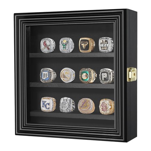 MoKo Championship Ring Display Case, 12 Ring Holder, Wooden Box with Lock, Wall Mount or Tabletop Display