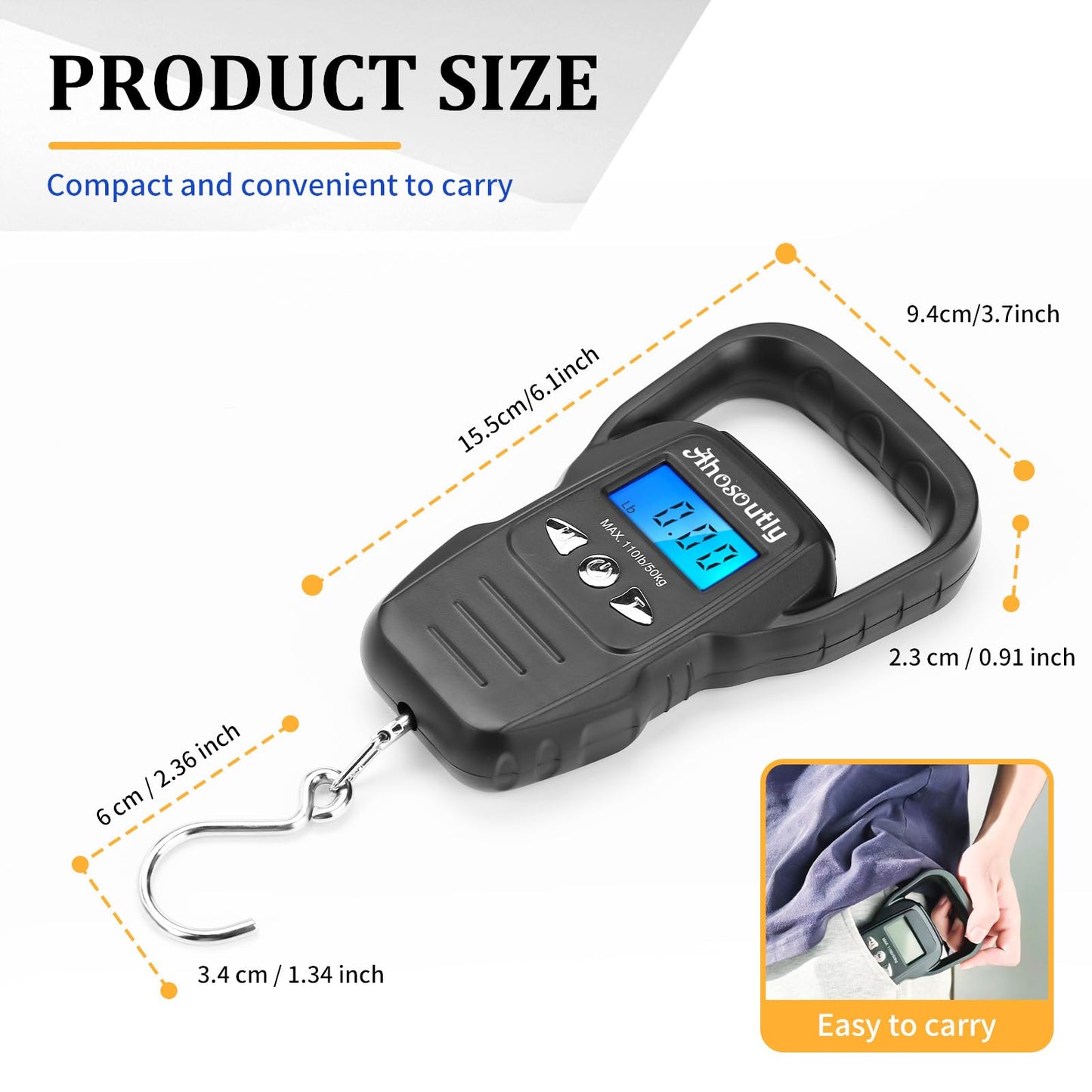 Fish Scale,110lb/50kg Large Handle,Large Backlit LCD Display,Digital Fish Scale with Built-in Measuring Tape, Outdoor Fishing Gifts for Men,Black