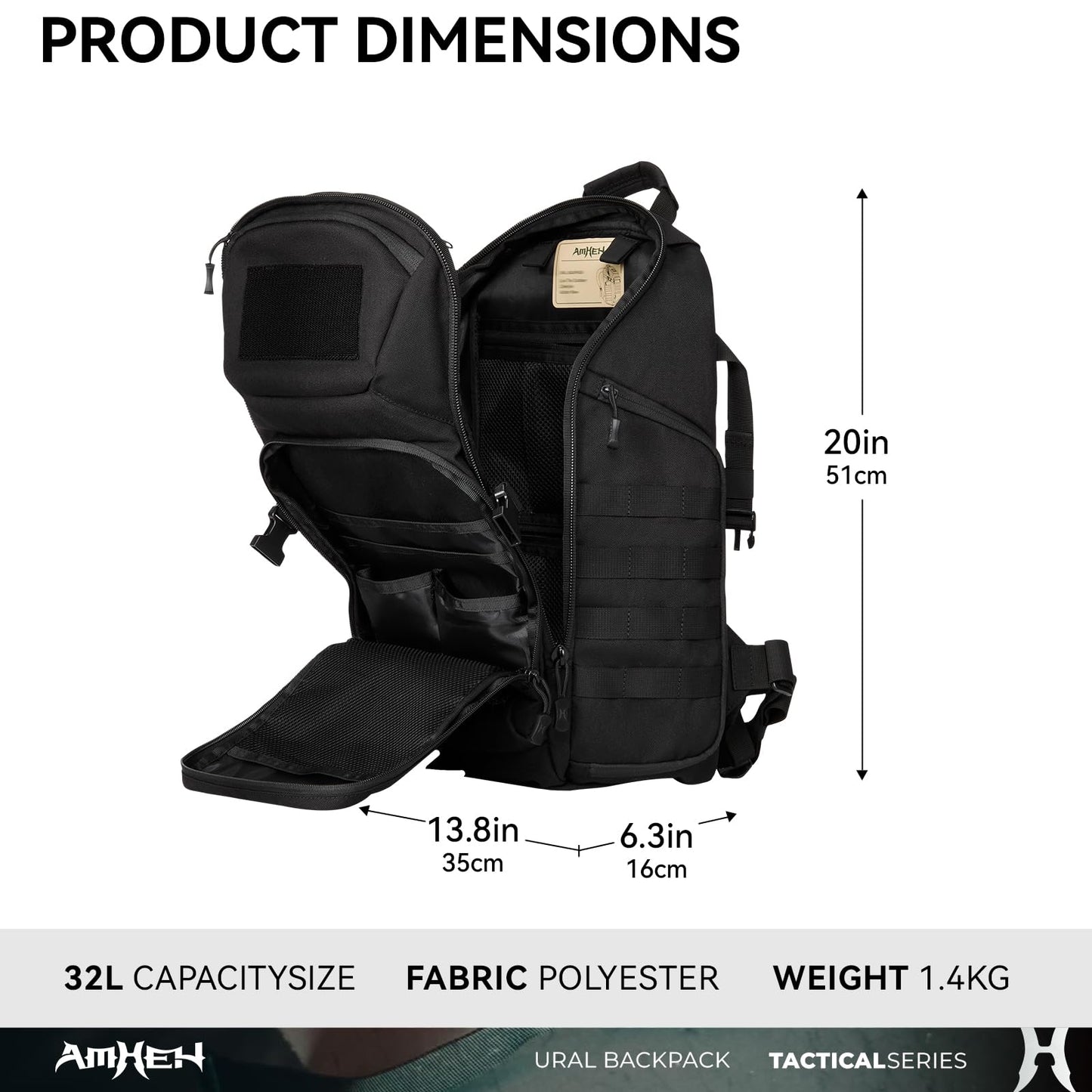 AMHEH 32L Military Tactical Backpack | Fit 17 Inch Laptop, Molle, EDC, Work, Hiking, Survival, Travel, Fit Most Men's Body (Black)