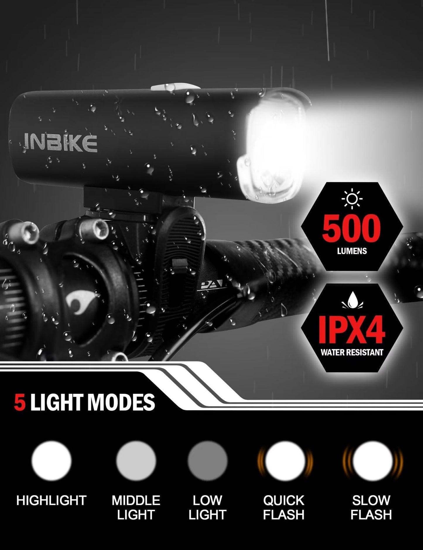 INBIKE Bike Headlight, LED Bike Light, 5 Modes/USB Rechargeable/ 500 Lumens, Bicycle Front Light for Safety Night Riding Water Resistant, Super Bright