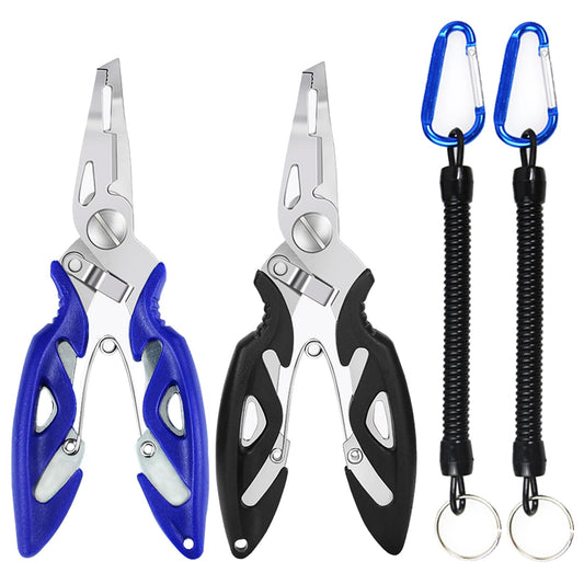 Fishing Pliers, Stainless Steel Fish Hook Remover 2PCS, Multi-Function Fishing Line Cutter Split Ring Opener, Fishing Braid Scissors Gear Accessories Fish Gripper with Lanyard Fly Fishing Tool