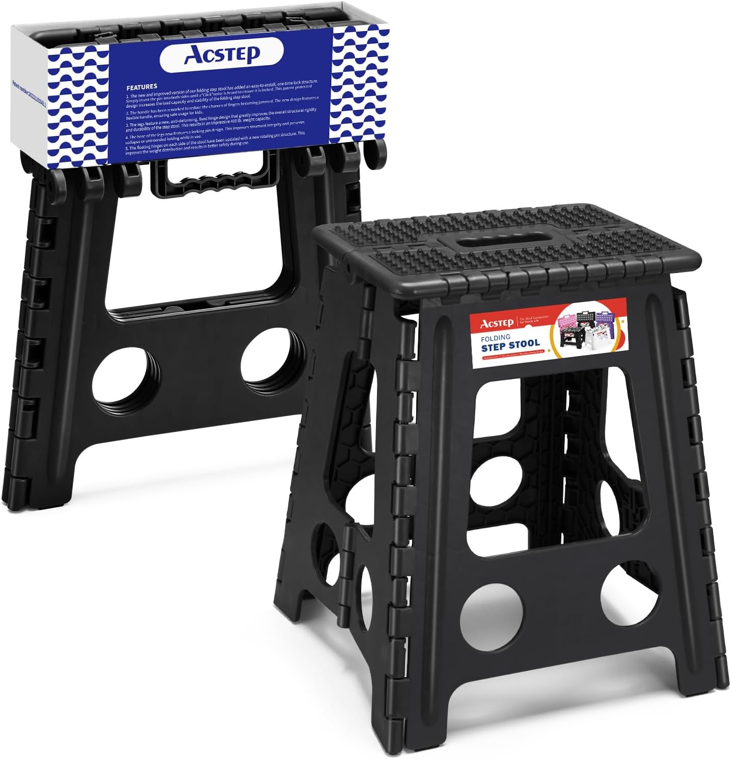 ACSTEP Folding Step Stool Foldable Stool 7.5 Inch Height Kids Step Stool, 300 lb Capacity Plastic Collapsible Stool, Stepping Stool with Handle Black Small Step Stool, Foot Stool Suitable for Kitchen
