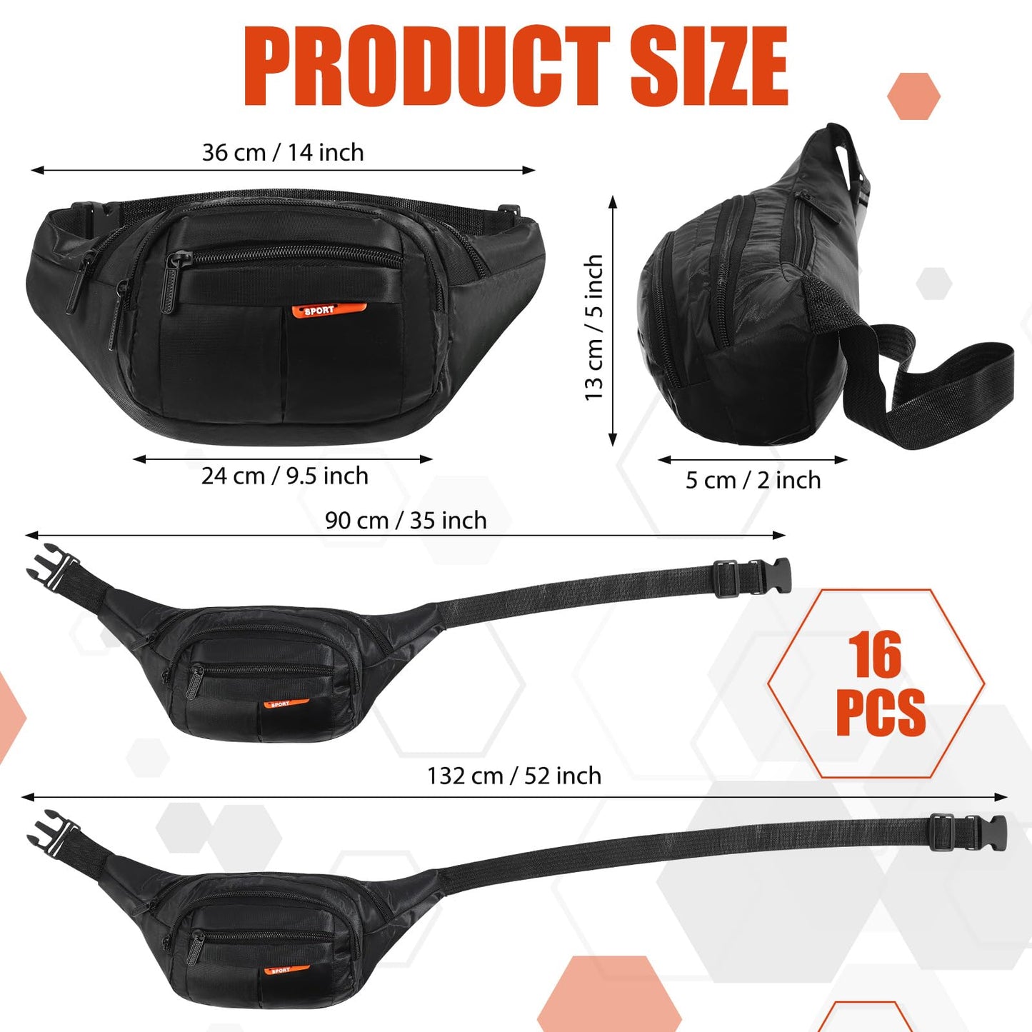 Kajaia 16 Pieces Fanny Pack Bulk Adjustable Waist Bags with Zippers Crossbody Party Fanny Packs Canvas Waist Belt Bag for Women Men Kids Teams Travel Running Cycling Hiking (Black)