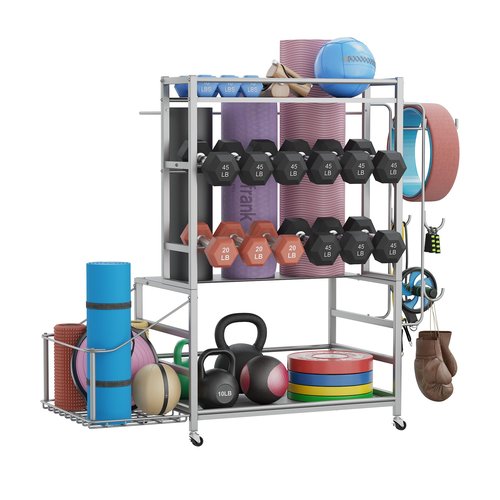 Cofiyard 700LBS Dumbbell Rack,5 Tier Weight Rack for Dumbbells,Home Gym Storage Rack for Dumbbells Kettlebells and Yoga Mat, All in One Heavy Duty Weight Organizer with Wheels and Hooks (Silver)