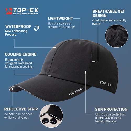 TOP-EX Large Waterproof Men Women Black Running Hydro Cooling Hat Baseball Cap for Big Heads