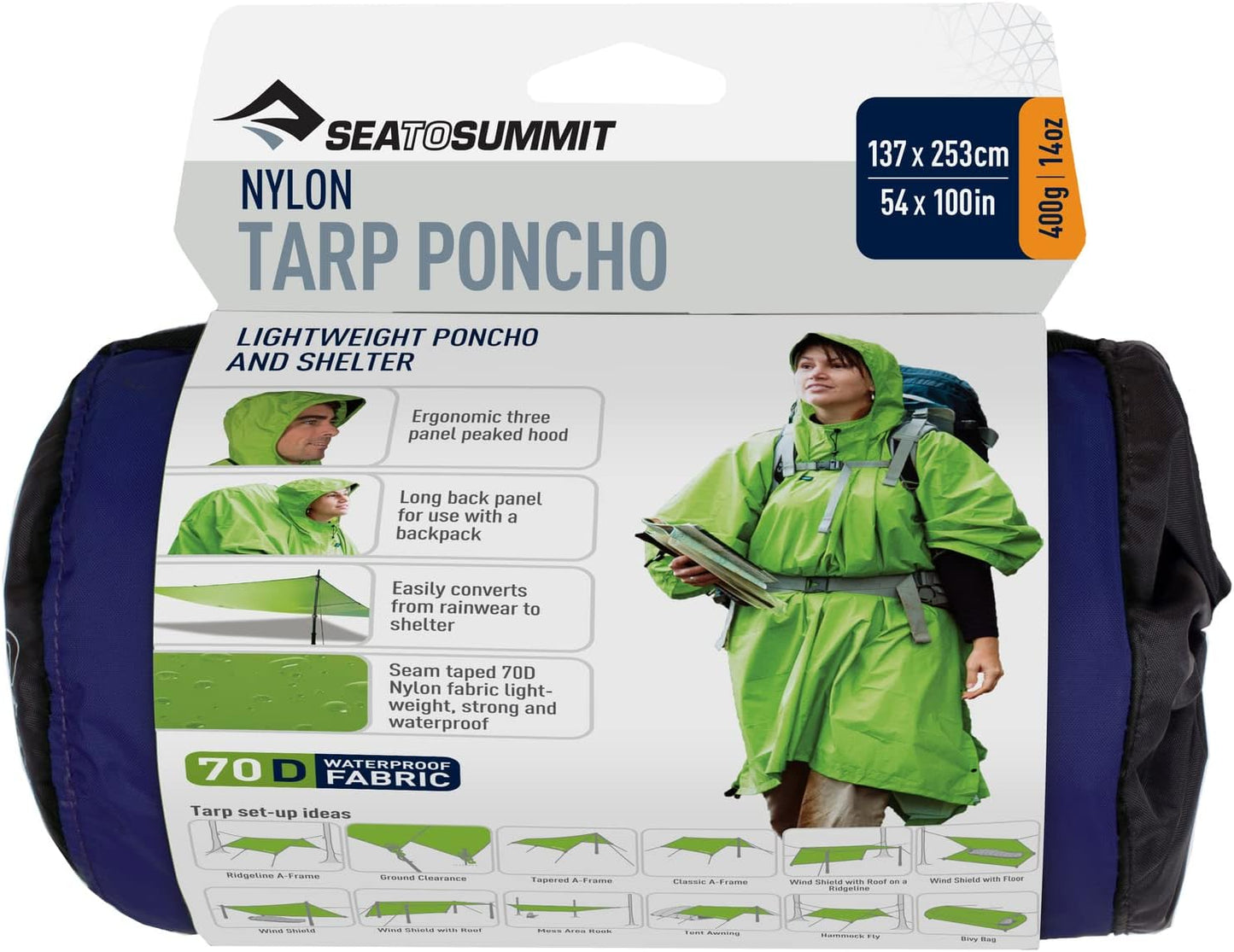 Sea to Summit Nylon Tarp Poncho 4-in-1 Raincoat, Pack Cover, Groundsheet, and Shelter
