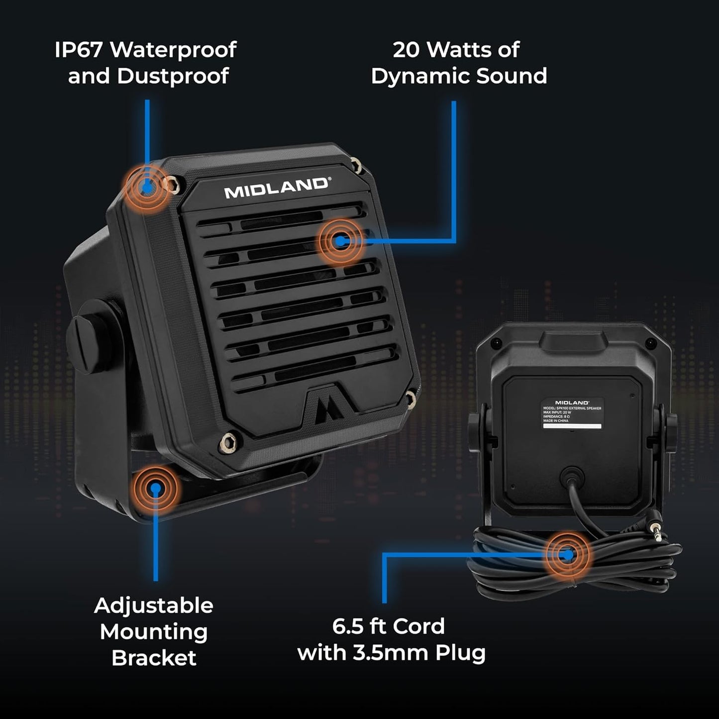 Midland - SPKMINI Mini External Speaker - Waterproof, 10 Watts, 3.5mm Plug - Compatible with All Mobile CB, GMRS, HAM and Amateur Radios